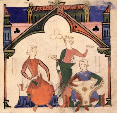 Fol.4r Músicos que tocam castanholas e um saltério, do Chansonnier des Nobles de Portuguese School