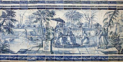 Degustação de frutas perto de um lago na Ásia - Azulejos, faiança pintada de Portuguese School