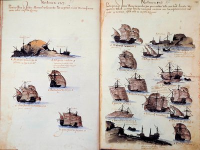 Página manuscrita "Memoriais das Armadas de Portugal sob D. Manuel I (1469-1521)" representando as frotas portuguesas. 1523 a.N. Paris de Portuguese School