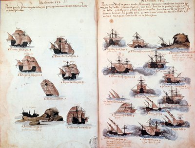 Página manuscrita "Memoriais das Armadas de Portugal sob D. Manuel I (1469-1521)" representando as frotas portuguesas. 1523 a.N. Paris de Portuguese School