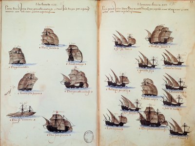 Página manuscrita "Memoriais das Armadas de Portugal sob o reinado de D. Manuel I (1469-1521)" representando as frotas portuguesas de Portuguese School