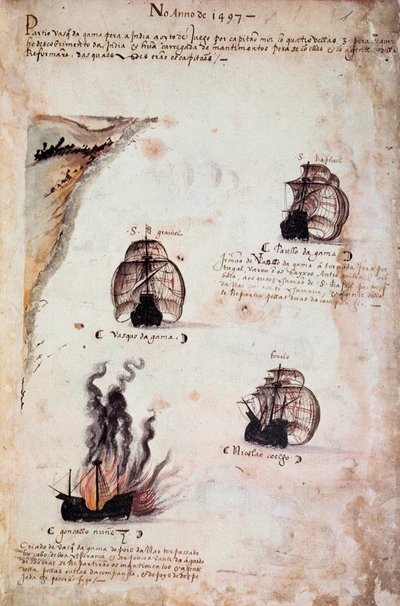 Página manuscrita "Memoriais das Armadas de Portugal sob D. Manuel I (1469-1521)" representando as frotas portuguesas do ano de 1497. 1523 a.N. Paris de Portuguese School