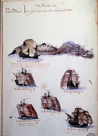 Página manuscrita "Memórias das armadas de Portugal sob D. Manuel I (1469-1521)" representando as frotas portuguesas do ano de 1497. 1500 Lisboa, Museu Nacional de Arte Antiga de Portuguese School