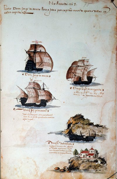 Página manuscrita "Memórias das armadas de Portugal sob D. Manuel I (1469-1521)" representando as frotas portuguesas do ano de 1497. 1500 Lisboa, Museu Nacional de Arte Antiga de Portuguese School