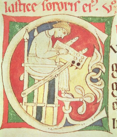 Ms 22 fol.139r Historiated C inicial representando um monge escrito, de Vitae Sanctorum, Santa Cruz de Coimbra de Portuguese School