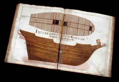 Arquitectura Naval: página do tratado de arquitectura (Livro de Tracas de Carpintaria) de Manuel Fernandez: cortar um navio de Portuguese School