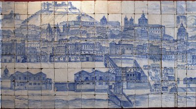 Vista panorâmica de Lisboa, antes do terramoto de 1755 - Azulejos início do século XVIII, painel de aviso do antigo palácio dos Condes de Tentugal, Lisboa (Grande Lisboa panorâmica antes do terramoto de 1755, faiança início do século XVIII, antigo palácio de Portuguese School