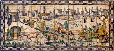 Singerie, o casamento das galinhas - Painel de Azulejos, cerca de 1665, da antiga quinta da Cadriceira, em Turcifal, Torres Vedras (Portugal) - Musee national des azulejos, Lisboa (Portugal) de Portuguese School