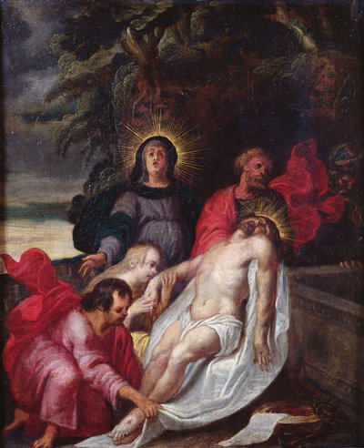 O Entombment de Christ, 1699 (óleo no cobre) de Portuguese School