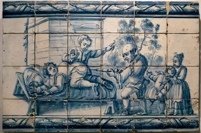 O médico a fazer um clister a um paciente - Painel satírico de Lisboa, primeira metade do século XVIII (Médico - painel satírico, primeira metade do século XVIII) - Musee national des azulejos, Lisboa (Portugal) de Portuguese School