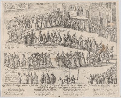 Procissão de casamento para o casamento de Elizabeth Stuart, filha de James I, e..., 1613 ou depois. de Possibly by Abraham Hogenberg.