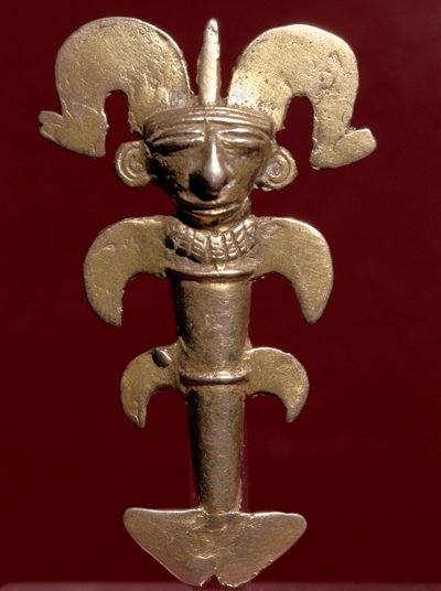 Arte pré-colombiana, civilização Quimbaya (Colômbia): pingente antropomórfico em ouro. 400-1400 AD. Bogotá, Museo de Oro, Colômbia de Pre Columbian Pre Columbian