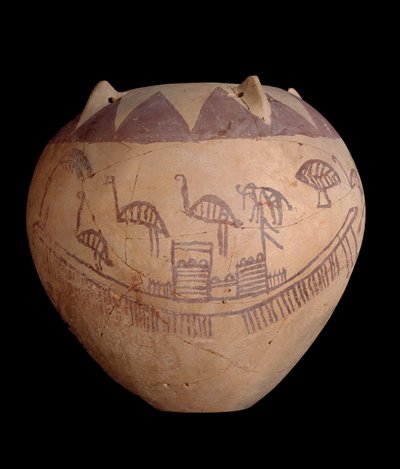 Jarra de barro com decoração pintada, incluindo barcos e animais, c.3400-3300 aC (argila) de Predynastic Period Egyptian