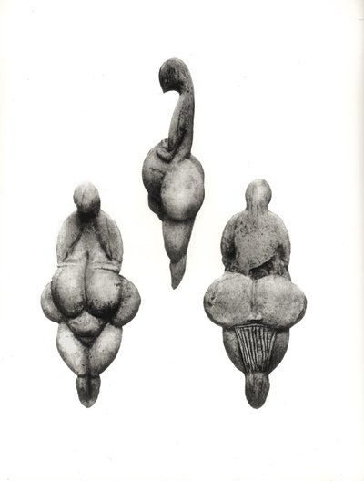 Três vistas de uma estatueta de &39;Vênus&39;, das Cortinas da Caverna, Lespugue, Haute-Garonne de Prehistoric