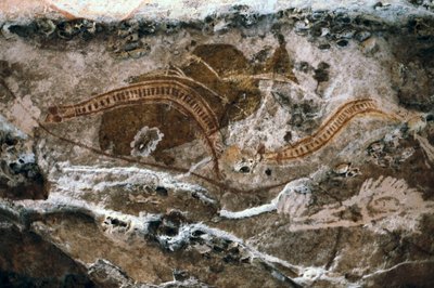Pintura rupestre aborígine, local das cavernas Ubirr, Parque Nacional de Kakadu, Austrália (pintura) de Prehistoric Prehistoric