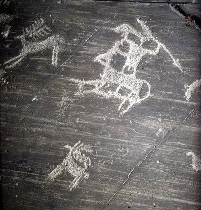 Civilização Camunni, Pré-história, arte rupestre: pedra tumular, representando caçadores e veados. Rocher de Naquane, em Valcamonica (Val Camonica) de Prehistoric Prehistoric