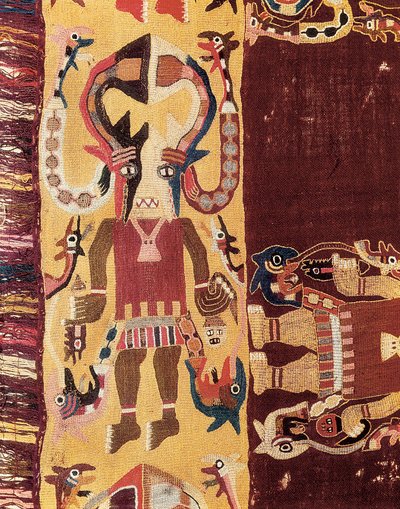 Civilização pré-colombiana: cerimonial oficial usando uma máscara. 300-100 AC. Tapeçaria de Ica no Peru. Museu Nacional de Arqueologia de Lima, Peru. de Prehistoric Prehistoric