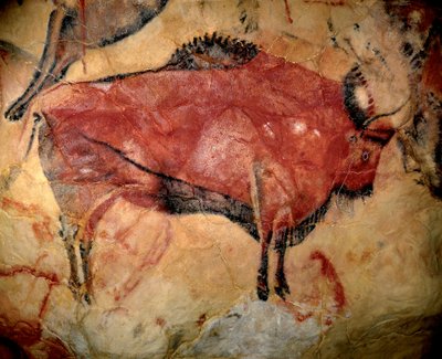 Pré-história, arte do Paleolítico Superior: um bisão ou auroque, pintura parietal na caverna de Altamira (Espanha), carvão e ocre vermelho, entre 35.000 e 11.000 aC - Arte do Paleolítico Superior - Pintura na caverna de Altamira , Carvão, re de Prehistoric Prehistoric