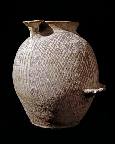 Pré-histoire: vaso de cerâmica policromada de Jericó. 3000-2100 BC. Amman, Museu Arqueológico, Jordânia de Prehistoric Prehistoric