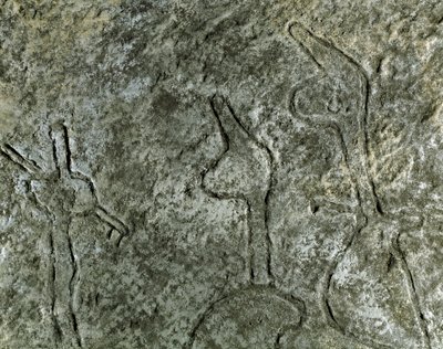 Pré-história, arte rupestre: petroglifo (grafite sobre pedra) de uma representação de cena de caça. neolítico, idade da pedra. (Azerbaijão) Idade do Bronze. Baku, Museu de História da Religião do Estado do Azerbaijão. de Prehistoric Prehistoric