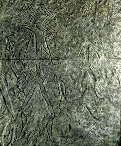 Pré-história, arte rupestre: petroglifos (grafite sobre pedra) de figuras humanas. neolítico, idade da pedra. (Azerbaijão) Idade do Bronze. Baku, Museu de História da Religião do Estado do Azerbaijão de Prehistoric Prehistoric