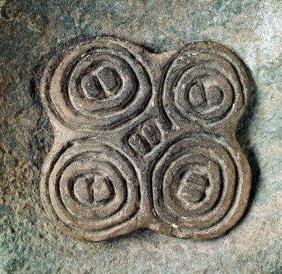 Pré-história: selo ou selo (pintadera) decorado de uma espiral do Necropole de Arene Candide (Finale Liguria), Liguria. Neolítico Médio, Idade da Pedra. Genes, museo di archeologia ligure de Prehistoric Prehistoric