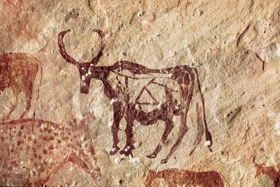 Pintura rupestre: representação de um cervídeo. Caverna de Tadrart Acacus Líbia de Prehistoric Prehistoric