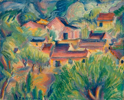 Casas e Paisagem, c. 1918. de Preston Dickinson