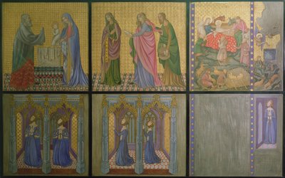 Reconstrução de uma parede uma pintura originalmente na Capela de Santo Estêvão, representando a Rainha Philippa (c.1314-69) e as suas filhas de Professor Ernest Tristram