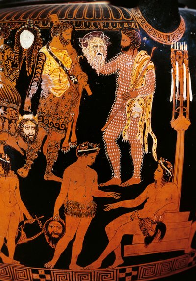 Vaso de Pronomos, cratera com figuras vermelhas. Detalhe retratando Hércules (Heracles), os preparativos de um drama satírico na presença de Dionísio e Ariane, as personagens seguram máscaras de teatro. 400 AC. Nápoles, Museo Archeologico Nazionale de Promonos Painter