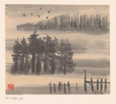Aves acima da paisagem da floresta de Prosper Alphonse Isaac