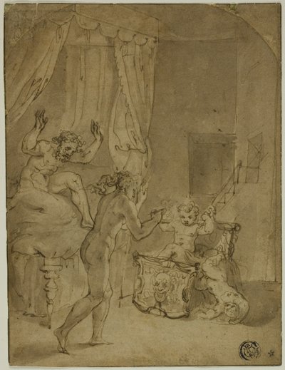 O Infante Hércules Estrangulando Serpentes em Seu Berço (reto); Mulher coroada ajoelhada na paisagem e outros esboços (verso) de Prospero Fontana