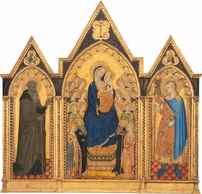 Madonna e criança entronizada com santos e anjos, e santos Anthony Abbot..., 1354 de Puccio di Simone