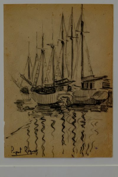 veleiros, Narcís Puget Riquer, desenho a carvão, museu Puget, casa nobre de Can LLaudis , Dalt Vila, Ibiza, ilhas Baleares, Espanha de Puget Riquer
