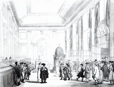 Banco da Inglaterra, Great Hall, de "Microcosmo de Londres", de Ackermann, 1809 (aquatinta) de Pugin and Rowlandson