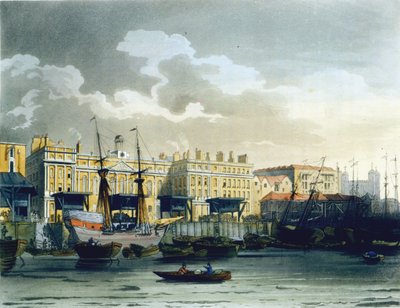 Alfândega do rio Tâmisa, do "Microcosmo de Londres", de Ackermann, gravada por John Bluck (fl.1791-1819), 1808 (aquatinta) de Pugin and Rowlandson
