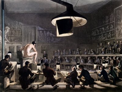 Desenho da Life na Royal Academy, Somerset House, Londres, do Microcosm of London por R. Ackermann, 1810 (aquatinta colorida) de Pugin and Rowlandson