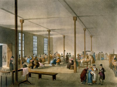 The Workhouse, St James, Parish, Londres, do "Repository of Arts" de Ackermann, 1809 (aquatinta colorida à mão) de Pugin and Rowlandson