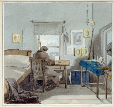 No trabalho. Na Casa de Pavel Nashchokin (1801-?) (Moscovo). (No Trabalho. Na Casa Pavel Nashchokin). Trabalho de Pyotr (Piotr) Fyodorovich Sokolov (Peter Sokolov) (1791-1848), aguarela sobre papel de Pyotr Fyodorovich Sokolov