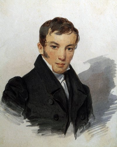 Portrait de Vassili Joukovski (1783-1852), pote russe (Retrato do poeta Vasily Zhukovsky). Oeuvre de Piotr (Pyotr) Fiodorovitch Sokolov (Pierre Sokolov) (1791-1848), vers 1820. Aquarelle sur papier. São Petersburgo, Museu A. Museu Memorial Pushkin de Pyotr Fyodorovich Sokolov