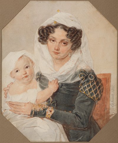 Retrato da condessa Maria Nikolayevna Volkonskaya 1805-1863 com o filho Nikolay, 1826 de Pyotr Fyodorovich Sokolov