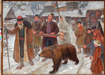 "" A Canção dos skomorokhs "" (A Canção dos skomorokhs) Artistas itinerantes, domadores de ursos na Rússia Pintura de Pyotr Ivanovich Subbotin (Permyak) (1886-1923) de Pyotr Ivanovich Subbotin