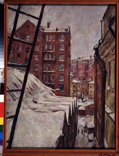 21 Rua Myasnitskaya, Moscovo (Rua Myasnitskaya, 21). Paisagem urbana sob neve. Pintura de Pyotr Ivanovich Lvov (1882-1944), óleo sobre tela de Pyotr Ivanovich Lvov