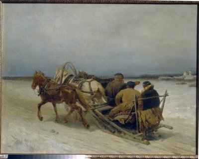 Troika no inverno. (Engate tradicional russo, puxado por três cavalos). Pintura de Pyotr (Piotr) Petrovich Sokolov (1821-1899), óleo sobre tela de Pyotr Petrovich Sokolov