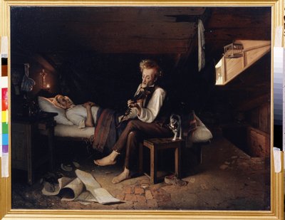 Um violinista louco no leito de morte de sua mãe (Um violinista louco no leito de morte de sua mãe). Em um quarto miserável do sótão, uma mulher morta está deitada em sua cama com as mãos cruzadas sobre o peito, sob um crucifixo aceso pela chama. de Pyotr Sysoyevich Kosolap