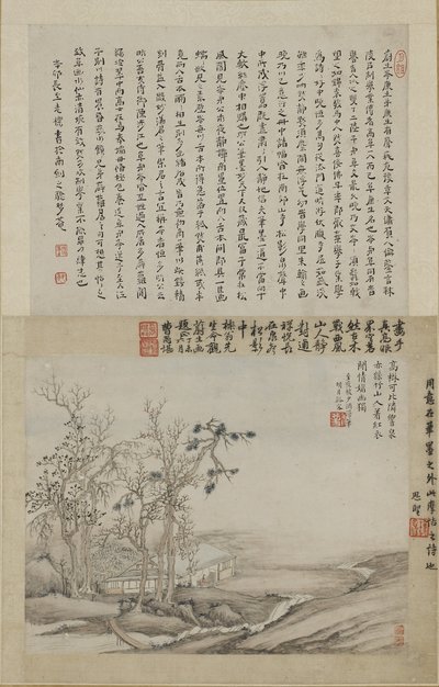 Um estudioso em seu estúdio de montanha (tinta e cor no papel) de Qing Dynasty Chinese School