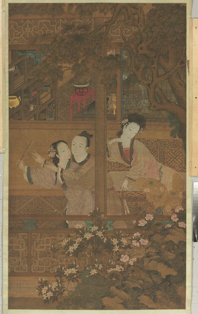 Sonho da Câmara Vermelha (pergaminho pendurado, tinta e cor sobre seda) de Qing Dynasty Chinese School