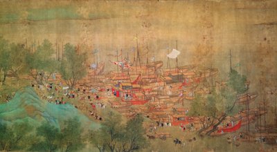 A visita do imperador Kang Shi a Kiang-Han em 1699, depois de Chaio Ping Chen (1661-1722) (tinta e cor em papel de seda) de Qing Dynasty Chinese School