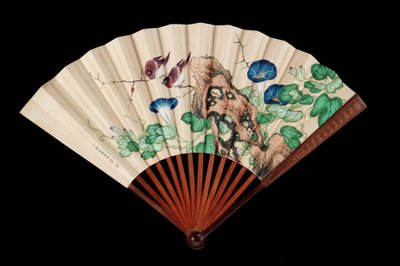 Ventilador decorado com pequenos pássaros e glórias da manhã (tinta e cor no papel) de Qing Dynasty Chinese School