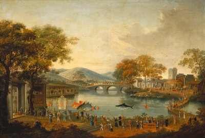 Procissão por um lago (óleo no tecido) de Qing Dynasty Chinese School